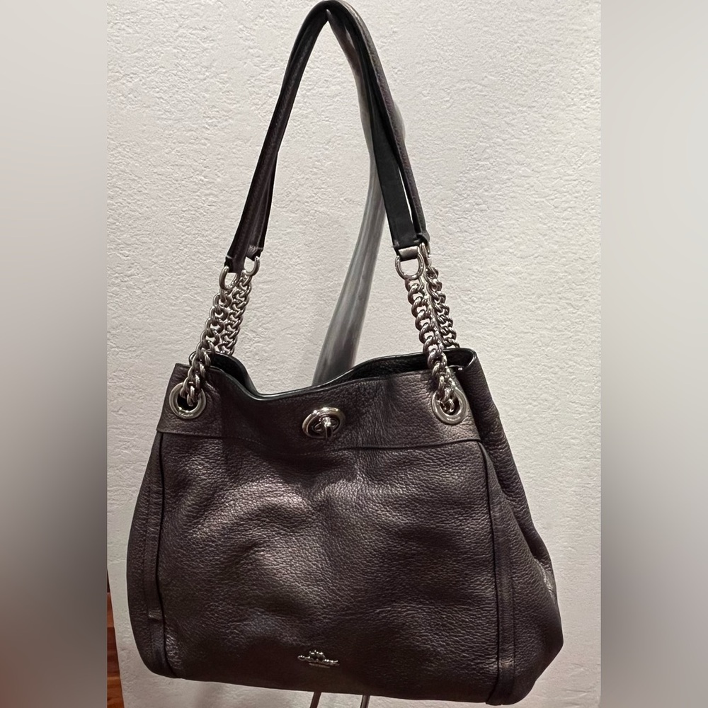 Coach Dark Silvery Gray Pebbled Leather Shoulder Bag